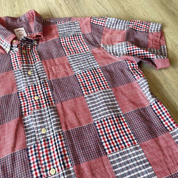 Brooks Brothers Large Red White & Blue Patchwork Short Sleeve Button Up Shirt - Picture 2 of 8